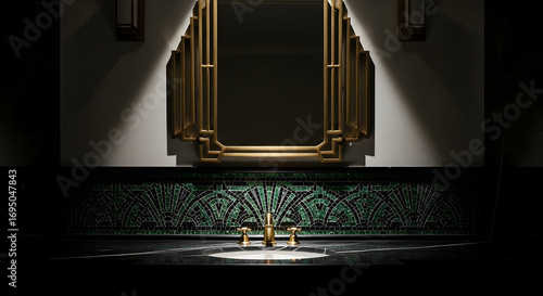 Elegant Bathroom Design: Art Deco Mirror, Basin, And Geometric Mosaic Detailing