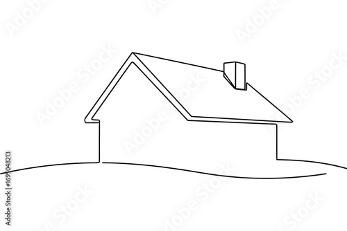 Simple line art outline of a house with chimney on a rolling hill