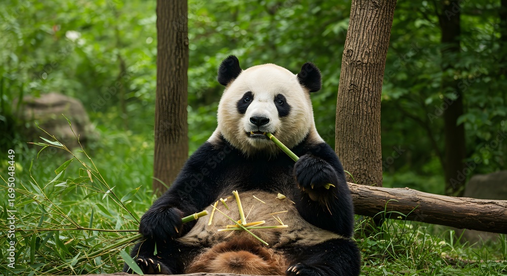 Fototapeta premium A panda sitting and eating bamboo shoots in a forest environment surrounded by lush green trees and grass