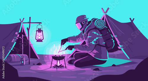 Futuristic camping adventure a stylized illustration of outdoor cooking and exploration