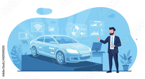 Futuristic car analysis with digital interface for autonomous driving technology