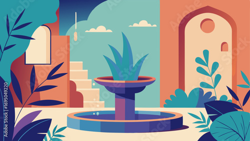 A plantfilled corner with a small fountain for a calming effect.