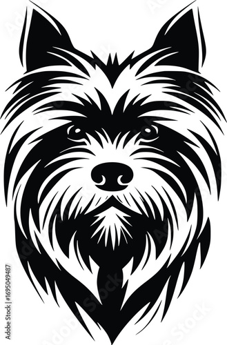Cairn Terrier head silhouette with tousled fur, upright ears, and sharp eyes in black vector