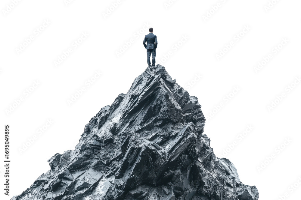 Fototapeta premium Snow capped mountain peak with a tiny man at the summit isolated on transparent background. Businessman standing on top of a mountain peak isolated on white background.