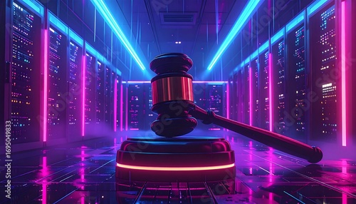A judgmental gavel sits amidst a futuristic server room, illuminated by vibrant neon lights.