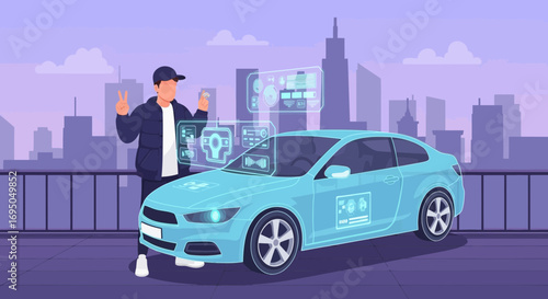 Futuristic car with augmented reality interface and urban background showcase innovation, future