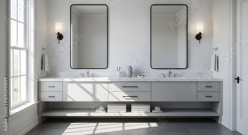 Elegant Bathroom Interior Design Featuring Double Mirrors and Stylish Vanity Cabinetry