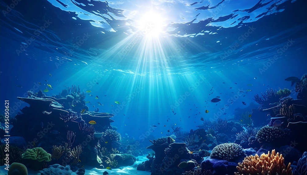 Obraz premium Sunlight streams through the ocean's surface, illuminating a vibrant coral reef teeming with colorful fish.