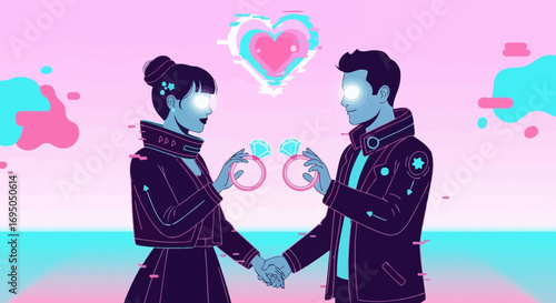 Futuristic couple exchanging rings, symbolising love and commitment in digital world
