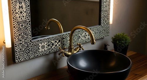 Elegant Bathroom Interior Featuring a Decorative Mirror, Faucet, and Stylish Sink