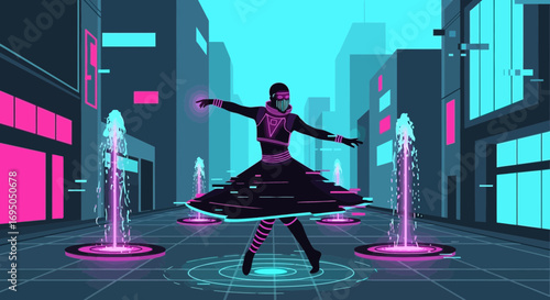 Futuristic cyber city dance performance with fountains and neon lighting creating a vibrant