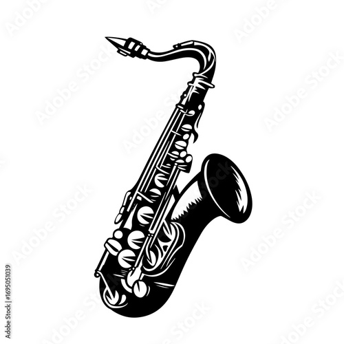 Saxophone silhouette – detailed jazz instrument icon, musical brass illustration for concert flyer, band logo, sticker or tattoo design