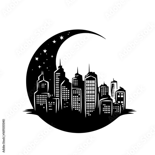 Night city skyline in crescent moon silhouette – urban skyscraper cityscape with stars, fantasy dream logo or tattoo style vector illustration