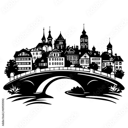 Old town bridge panorama silhouette – picturesque medieval city on river arch bridge icon, historic European skyline vector illustration