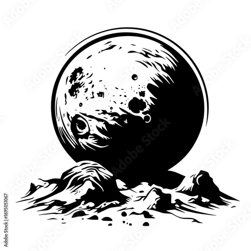 Full moon over mountain landscape silhouette – dramatic lunar scene icon, night sky vector illustration for adventure poster or mystical tattoo