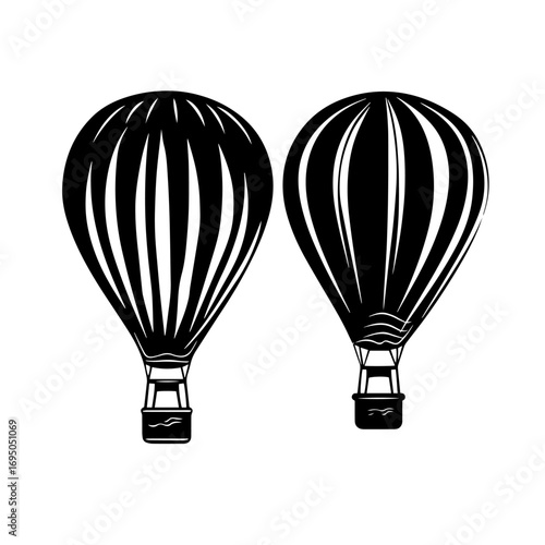 Hot air balloon silhouettes – twin vintage aerostat icons floating in sky, adventure travel logo, festival poster or kids sticker vector illustration