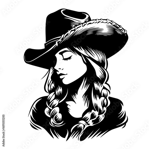 Cowgirl portrait silhouette – stylish western woman with braids and hat icon, vintage rodeo vector illustration for ranch logo, apparel print or tattoo design