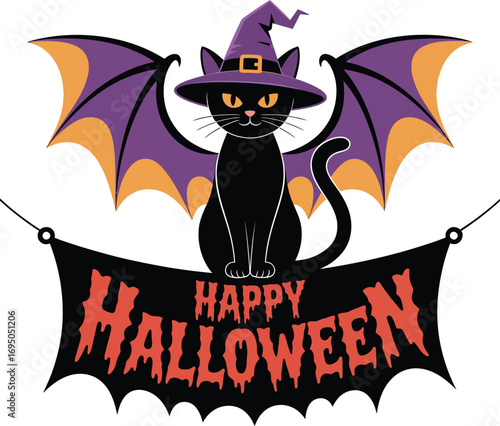 Vector art of black cat with witch hat and bat wings on a happy halloween banner