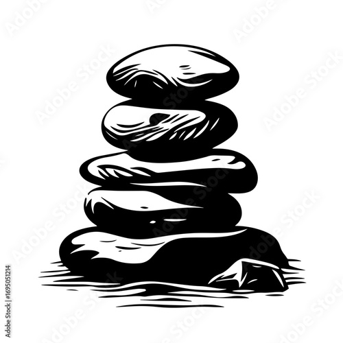 Stacked zen stones silhouette – balanced spa pebbles cairn icon, meditation and wellness vector illustration for yoga logo, massage studio or mindfulness poster design