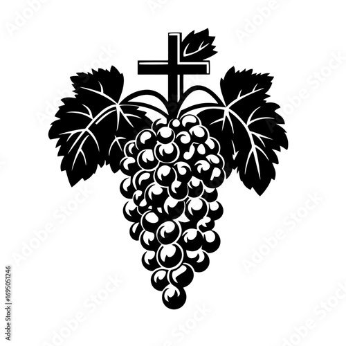Grapes cluster with cross silhouette – communion wine symbol icon, church sacrament vector illustration for Christian logo, vineyard label or Easter bulletin design
