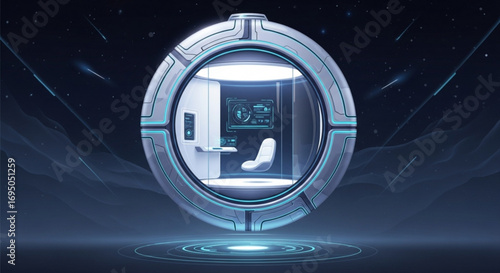 Futuristic space travel pod interior design concept for space tourism and exploration technology showcase