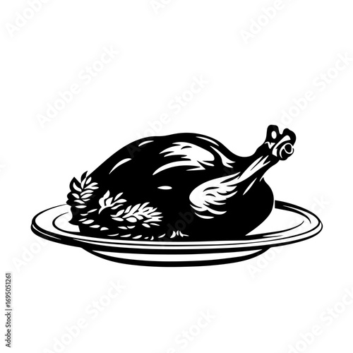 Roast turkey on platter silhouette – festive baked poultry icon garnished with herbs, Thanksgiving dinner vector illustration for menu logo, holiday recipe or butcher shop label design