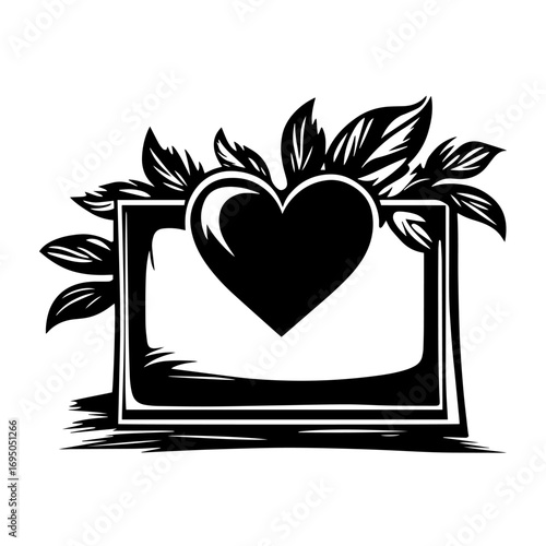 Heart in frame with leaves silhouette – romantic love emblem icon for wedding invitation, boho logo or Valentine’s day card vector illustration