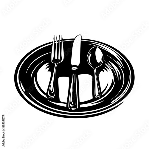 Dinner plate with fork, knife and spoon silhouette – elegant restaurant table setting icon, culinary vector illustration for menu logo, etiquette guide or cooking blog design