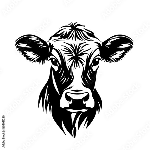 Cow head silhouette – friendly cattle face icon, farm animal vector illustration for dairy logo, butcher shop label or countryside poster design