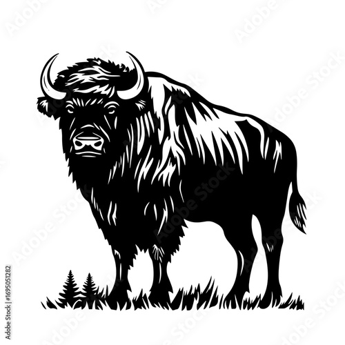 Bison silhouette – majestic buffalo standing in prairie grass icon, wild animal vector illustration for outdoor adventure logo or national park poster design