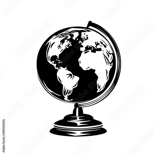 Vintage globe silhouette – detailed world map desktop globe icon, travel education vector illustration for geography logo, adventure blog or classroom poster design