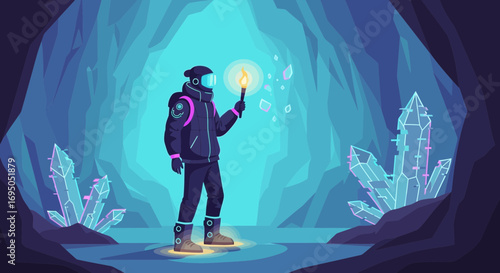 Futuristic explorer with torch in crystal cave creates atmosphere of wonder and discovery
