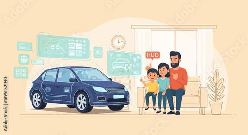Futuristic family in the living room showcases autonomous driving technology and innovations