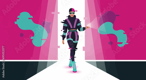 Futuristic fashion model walking on a runway with glitch effect background and style