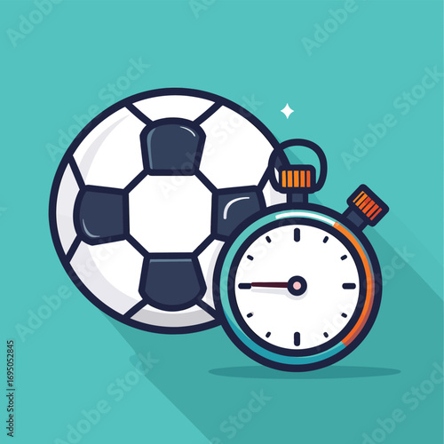 Soccer ball and stopwatch illustration for sports game timing.