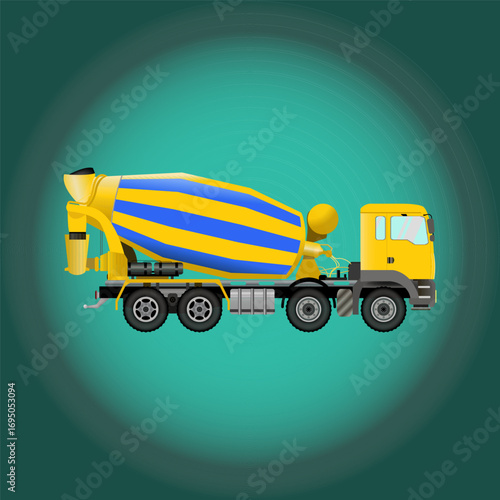 Miniature and realistic flat icon of a concrete mixer truck. Vector illustration. Construction machine, equipment.