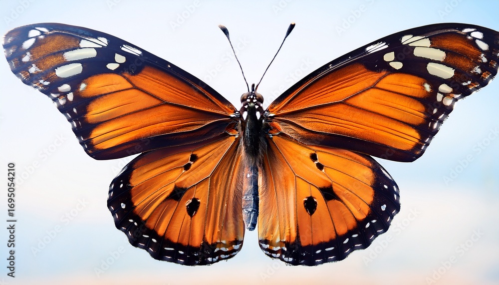 Fototapeta premium a large orange butterfly with black spots is flying in the air