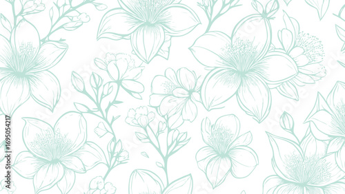 Wallpaper Mural Turquoise and white seamless patterns background with flowers sakura.  Botanic tropical wallpaper with daisies flower and leaves.  Torontodigital.ca