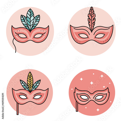 Colorful carnival masks with feathers on a transparent background  