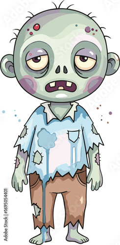 Cartoon zombie, pale green skin, tattered clothes, bruised face, horror character, undead figure, cad drawing, flat vector illustration, Halloween theme