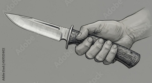 Hand holding knife illustration close up detailed drawing isolated white background