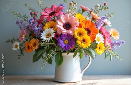 Wallpaper Mural Vibrant bouquet of diverse wildflowers in bright colors. Pink, purple, orange, yellow, white blooms create fresh, natural garden arrangement. Rustic vase holds spring floral beauty, adding charm to Torontodigital.ca