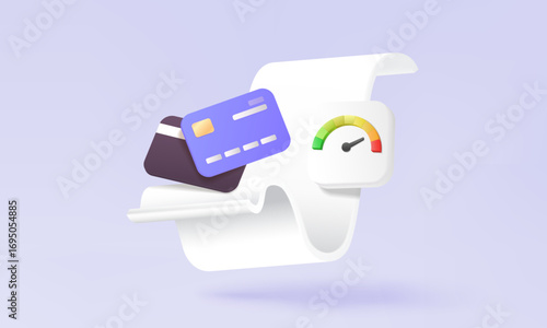 Check credit score loan bank money transaction payments receipts on pastel background. Financial education management economy fund investment satisfaction status business. 3d vector. illustration. 
