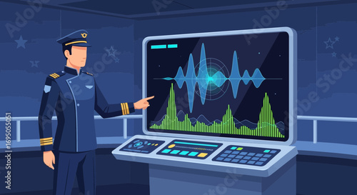 Futuristic naval officer analyzing data on a sophisticated control panel display in cockpit