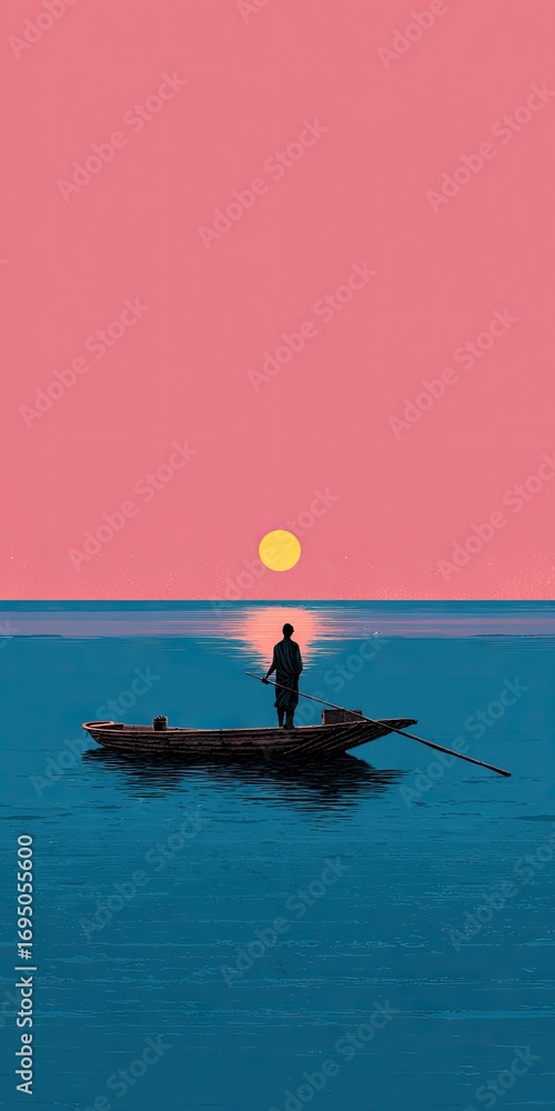 Naklejka premium Silhouetted fisherman in a boat at sunset