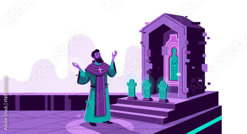 Futuristic priest performing a ritual near a mysterious glowing portal or shrine