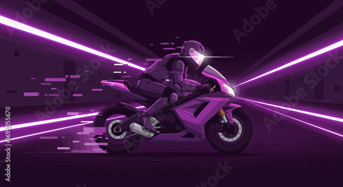 Futuristic purple motorcycle rider speeding through tunnel of light with pixelated trail