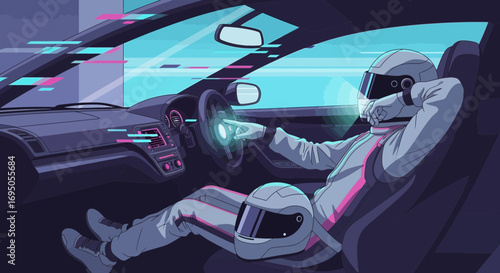 Futuristic racer inside a car activating a holographic display on the wheel driving