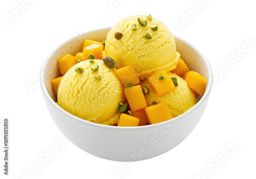 Wallpaper Mural Close up of yellow ice cream scoops with mango chunks in a white bowl on a transparent area on transparent background Torontodigital.ca