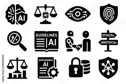 Solid AI ethics icons. Includes symbols for explainable AI, data lock, neural networks, dilemma, balance scales and secure systems. Minimal vector set.